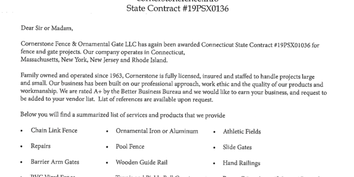 Cornerstone Fence was Awarded Connecticut State Contract once again!